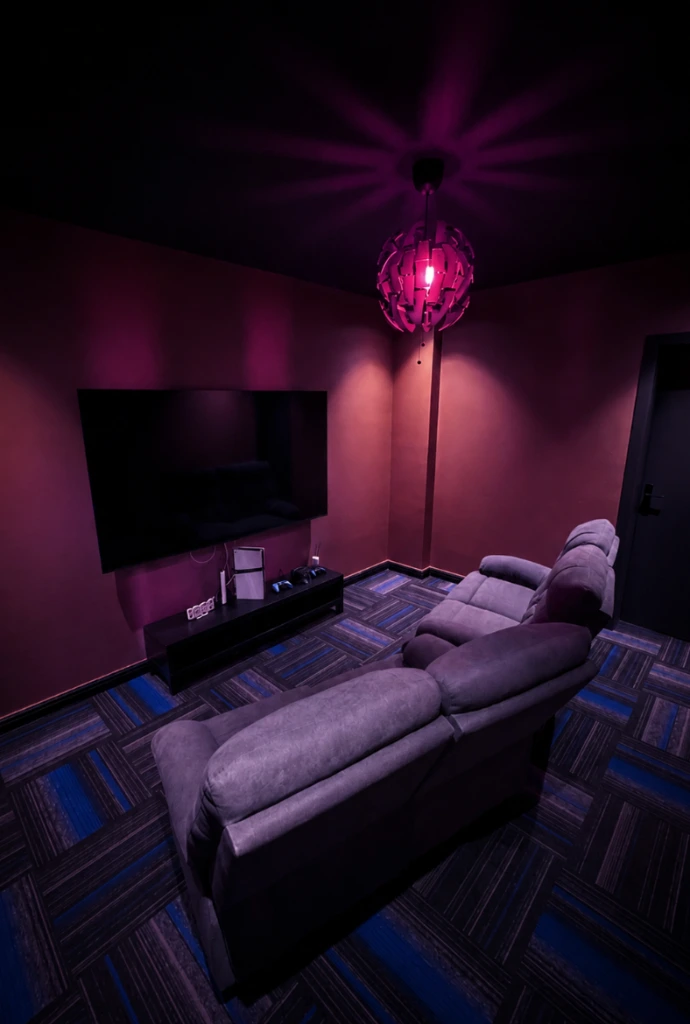 Private PlayStation gaming room with sofa seating and purple lighting at Playcation.